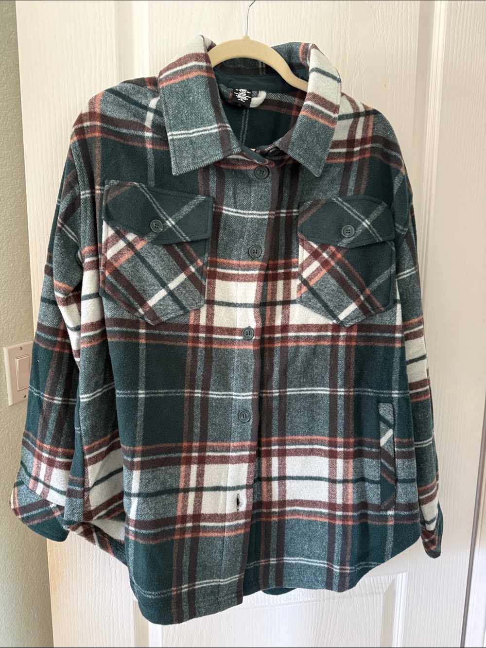 Woolx Plaid Utility Jacket in Forest Green and Rust, Size L